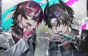 2boys ahoge aqua_eyes artist_name black_collar black_hair black_nails black_shirt blue_eyes collar collared_shirt commentary daenarys demon_horns doppio_dropscythe ear_piercing earrings english_commentary english_text fang fangs finger_in_own_mouth graffiti hair_between_eyes hand_on_own_face hand_up horns jewelry licking licking_finger long_sleeves looking_at_viewer male_focus multicolored_hair multiple_boys multiple_rings nail_polish necklace nijisanji nijisanji_en one_eye_closed open_mouth paint_splatter paint_splatter_on_face piercing pointy_ears purple_hair ren_zotto ring shirt short_hair signature smile streaked_hair teeth tongue tongue_out two-tone_hair undershirt upper_body virtual_youtuber white_hair white_shirt yellow_eyes
