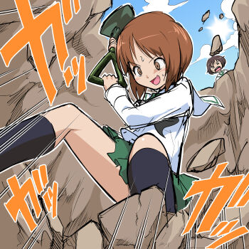 akiyama_yukari digging girls_und_panzer nishizumi_miho non-web_source ooarai_school_uniform school_uniform shovel