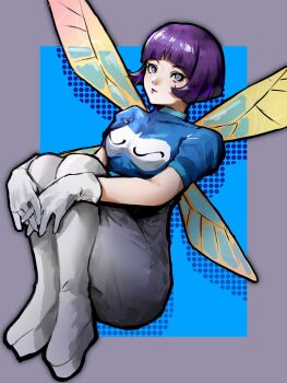 1girl 4me3ba_niku blue_background blue_eyes border breasts closed_mouth commentary_request devil_summoner:_soul_hackers devil_summoner_(series) fairy fairy_wings full_body gloves grey_border highres medium_breasts outside_border pixie_(megami_tensei) purple_hair short_hair solo white_gloves wings