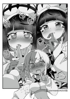 @_@ blush canari_(pokemon) eromame gwynn_(pokemon) heart heart-shaped_pupils highres monochrome pokemon pokemon_legends:_z-a symbol-shaped_pupils