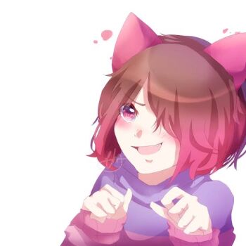 animal_ears bete_noire brown_hair cat_ears glitchtale neko pink_eyes pink_hair pink_shirt purple_shirt shirt short_hair undertale utdr_(toby_fox) white_background
