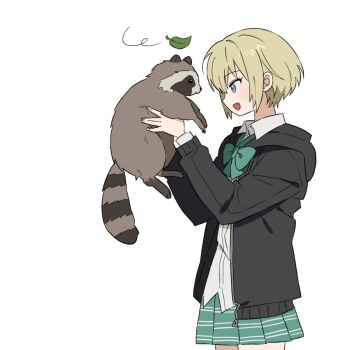 Rule 34 | 1girl, :d, animal, black jacket, blonde hair, blue eyes, bow, bowtie, commentary request, fang, from side, green bow, green bowtie, green skirt, hands up, highres, holding, holding animal, hood, hood down, hooded jacket, jacket, kon futaba, korean commentary, leaf, long sleeves, looking at another, miniskirt, open clothes, open jacket, open mouth, pleated skirt, shirt, shiryoku kensa, short hair, skirt, smile, soredemo machi wa mawatteiru, tanuki, white background, white shirt