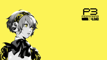 Rule 34 | absurdres, aigis (persona), android, ascot, black ascot, copyright name, hairband, highres, lips, official art, parted lips, persona, persona 3, persona 3 reload, robot, robot ears, robot girl, second-party source, shimada azusa, short hair, simple background, solo, yellow background, yellow eyes, yellow theme