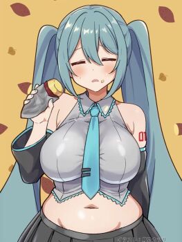 1girl alternate_breast_size_(larger) aqua_hair aqua_nails aqua_necktie blush breasts closed_eyes commentary_request detached_sleeves food food_on_face grey_shirt hair_between_eyes hatsune_miku highres large_breasts long_hair navel necktie number_tattoo orange_background parted_lips shirt sleeveless sleeveless_shirt solo sweat sweet_potato tattoo torinokawori translation_request twintails upper_body vocaloid