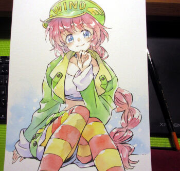 1girl agahari art_brush art_tools_in_frame blue_eyes braid breasts closed_mouth collarbone commentary_request crop_top feet_out_of_frame green_hat green_jacket green_shorts hand_on_own_chin hand_up hat hat_writing highres jacket long_hair long_sleeves looking_at_viewer medium_breasts midriff open_clothes open_jacket orange_pantyhose paintbrush painting_(medium) pantyhose photo_(medium) psychic_force red_hair shorts single_braid sitting sleeves_past_wrists solo strapless striped_clothes striped_pantyhose traditional_media tube_top two-tone_pantyhose very_long_hair wendy_ryan white_tube_top yellow_pantyhose