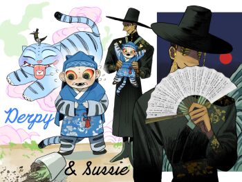 2boys black_coat black_eyes black_hat carrying carrying_person character_name coat colored_sclera derpy_(kpop_demon_hunters) english_text extra_eyes fangs fangs_out gat_(hat) gatkkeun hand_fan hat heart highres holding holding_fan humanization korean_clothes kpop_demon_hunters letter magpie male_focus mint_ack multicolored_sclera multiple_boys open_mouth paper_fan plant potted_plant red_sclera smile sussie_(kpop_demon_hunters) tiger tiger_boy tongue tongue_out yellow_sclera