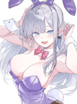 1girl animal_ears armpits arms_up bare_shoulders bat_earrings blue_eyes blue_nails bow bowtie breasts cleavage detached_collar earrings fake_animal_ears fake_tail fang grey_hair hairband highres jewelry large_breasts leotard long_hair looking_at_viewer nail_polish open_mouth original playboy_bunny pointy_ears purple_hairband purple_leotard rabbit_ears rabbit_tail sidelocks simple_background smile solo strapless strapless_leotard tail upper_body white_background wrist_cuffs yamai_yurika