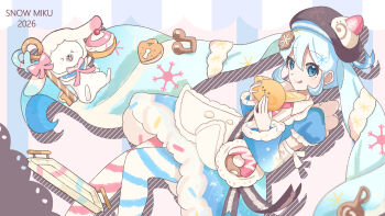 &gt;_&lt; 1girl 1other absurdres animal beret blue_dress bread brown_hat closed_eyes closed_mouth cookie_hair_ornament detached_sleeves dress food food-themed_hair_ornament hair_between_eyes hair_ornament harudori_yo-ta hat hatsune_miku highres holding holding_food long_hair long_sleeves official_alternate_costume official_alternate_hairstyle open_mouth puffy_short_sleeves puffy_sleeves rabbit rabbit_yukine short_sleeves smile strawberry_swiss_roll twintails very_long_hair vocaloid wide_sleeves yuki_miku yuki_miku_(2026)