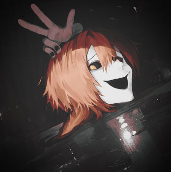 1boy braid commentary_request film_grain highres homicipher long_hair male_focus mr._chopped night orange_eyes orange_hair outdoors puddle rain severed_head severed_limb solo v yonq98