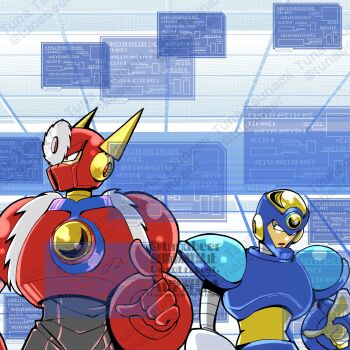 2boys armor blue_armor blue_helmet flash_man helmet highres holographic_interface male_focus mega_man_(classic) mega_man_(series) metal_man multiple_boys red_armor red_helmet tunabeer upper_body watermark