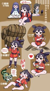 3girls anger_vein barefoot bike_shorts black_eyes black_hair blanket blush bowl brushing_hair burp carrying chopsticks closed_eyes creature eating food food_on_face hair_rings hand_on_own_stomach heart indian_style japanese_clothes kimono long_hair messy_hair mirror mizura multiple_girls open_mouth rice rice_bowl sakuna-hime sandals sequential shima_takehito sitting smug spirit tama-jii tensui_no_sakuna-hime translation_request waraji yui_(tensui_no_sakuna-hime)