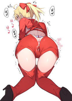 1girl absurdres ass blonde_hair blush bow commentary_request cropped_jacket fate/grand_order fate_(series) green_eyes hair_bow highres jacket long_hair natu_zame nero_claudius_(fate) ponytail race_queen red_jacket red_shorts red_thighhighs short_sleeves shorts sidelocks thighhighs