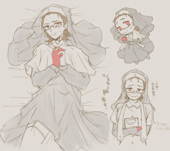 Rule 34 | 1boy, absurdres, alternate costume, beard stubble, bed, bed sheet, black-framed eyewear, black-framed glasses, black dress, blush, book, bridal veil, brown hair, capelet, chibi, chibi inset, closed mouth, collared shrug, colored extremities, colored skin, cross, cross print, crossdressing, crossdressing (mtf), dress, embarrassed, facial hair, forehead, garter belt, garter straps, glasses, gregor (project moon), hair slicked back, heart pasties, high collar, highres, holding, holding book, interlocked fingers, la manchaland (identity) (project moon), lily26983455, limbus company, limited palette, long sleeves, looking at viewer, lying, male focus, multiple views, navel, nipple pasties, nun, nun headdress, on back, on bed, own hands clasped, own hands together, partially colored, pasties, photoshop (medium), pillow, praying, project moon, red eyes, red hands, red skin, sash, semi-rimless eyewear, short hair, shoulder sash, shrug (clothing), simple background, solo, staff, stubble, sweat, sweatdrop, thighhighs, under-rim eyewear, veil, wavy mouth, white capelet, white sash