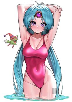 1girl absurdres aqua_hair arm_behind_head arms_up breasts cameltoe character_request circlet commentary_request commission competition_swimsuit covered_navel creature haou_taikei_ryuu_knight highleg highleg_one-piece_swimsuit highres long_hair medium_breasts nanja one-piece_swimsuit paffy_pafuricia pink_one-piece_swimsuit purple_eyes simple_background swimsuit white_background
