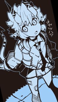 Rule 34 | 1girl, bandaid, bandaid on leg, blue theme, dowman sayman, highres, horns, necktie, oni, oni girl, open mouth, pointy ears, skin-covered horns, skirt, solo, soukaku (zenless zone zero), tail, zenless zone zero