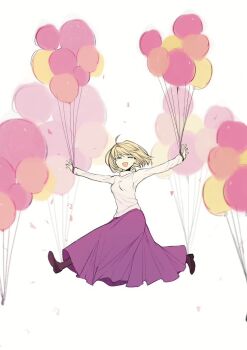 Rule 34 | 1girl, :d, ahoge, arcueid brunestud, balloon, blonde hair, breasts, closed eyes, commentary request, facing viewer, floating, floating hair, flying, hair intakes, holding, holding balloon, long skirt, open mouth, purple skirt, short hair, skirt, smile, sweater, tara3763, tsukihime, turtleneck, turtleneck sweater, white background, white sweater