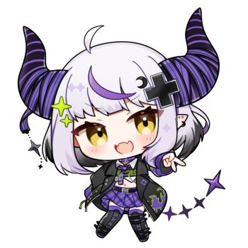 1girl :d ahoge black_boots black_hair black_jacket blunt_bangs blush boots chibi chibi_only commentary commentary_request cropped_shirt fangs full_body hand_up hololive horns jacket kashiwase_karune la+_darknesss looking_at_viewer midriff multicolored_hair navel open_clothes open_jacket open_mouth plaid_clothes plaid_skirt pleated_skirt purple_hair purple_skirt purple_thighhighs shirt short_hair simple_background skin_fangs skirt smile solo sparkle_hair_ornament standing streaked_hair thigh_boots thighhighs thighhighs_under_boots transparent_background v virtual_youtuber white_hair white_shirt yellow_eyes