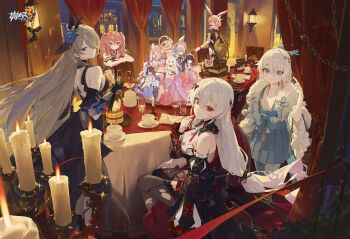 6+girls absurdres animal_ears anniversary bare_shoulders black_dress breasts bronya_zaychik bronya_zaychik_(herrscher_of_truth) candle chinese_clothes chinese_commentary commentary_request copyright_logo cup delta_(8-bit_fever)_(honkai_impact) delta_(honkai_impact) detached_sleeves dress elysia_(herrscher_of_human:_ego)_(honkai_impact) elysia_(honkai_impact) flower food grey_hair hair_flower hair_ornament highres honkai_(series) honkai_impact_3rd indoors kiana_kaslana kiana_kaslana_(herrscher_of_finality) large_breasts logo long_hair looking_at_viewer modare multicolored_hair multiple_girls official_alternate_costume official_art one_eye_closed pancake pink_hair raiden_mei raiden_mei_(herrscher_of_origin) red_eyes rita_rossweisse rita_rossweisse_(fallen_rosemary) rozaliya_olenyeva seele_vollerei seele_vollerei_(herrscher_of_rebirth) sitting souffle_pancake streaked_hair theresa_apocalypse theresa_apocalypse_(luna_kindred) luna_(honkai_impact) twintails white_hair yae_kasumi yae_kasumi_(peach_sanctuary) yae_sakura zhuge_kongming_(honkai_impact)