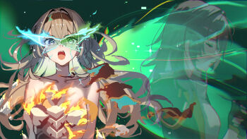 Rule 34 | 2girls, bare shoulders, black hairband, breasts, commentary request, fire, firefly (honkai: star rail), floating hair, grey hair, hair between eyes, hairband, highres, honkai: star rail, honkai (series), long hair, multiple girls, nao (naoooo a), open mouth, stelle (honkai: star rail), teeth, trailblazer (honkai: star rail), transformation, upper body, upper teeth only, v-shaped eyebrows