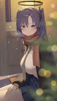 1girl absurdres alternate_costume black_halo black_necktie blue_archive blue_skirt blush brown_jacket closed_mouth collared_shirt commentary from_side hair_between_eyes halo highres jacket long_hair long_sleeves looking_at_viewer mm_(mhm2592) necktie purple_eyes purple_hair red_scarf scarf shirt sitting skirt solo two_side_up white_shirt yuuka_(blue_archive)