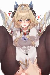 Rule 34 | 1girl, 1other, blonde hair, blue eyes, blush, breasts, brown pantyhose, coat, collared shirt, crown (nikke), diadem, drill hair, goddess of victory: nikke, hair ornament, headgear, heart, heart-shaped pupils, holding another&#039;s wrist, jewelry, large breasts, long hair, looking at viewer, necklace, open mouth, pantyhose, shirt, simple background, spoken heart, symbol-shaped pupils, torn clothes, torn pantyhose, white background, white coat, white shirt, yuseol