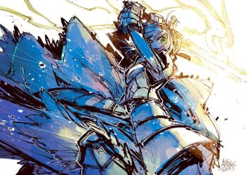 1girl ahoge akagishi_k armor artist_name artoria_pendragon_(fate) braid breastplate commentary_request dated dress excalibur_(fate/stay_night) fate/stay_night fate_(series) faulds gauntlets glowing glowing_sword glowing_weapon green_eyes hands_up holding holding_sword holding_weapon long_sleeves saber_(fate) solo sword upper_body weapon white_background