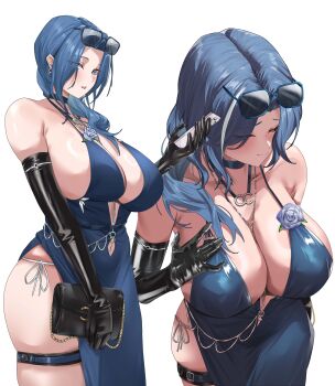 1girl absurdres black_gloves blue_choker blue_dress blue_eyes blue_hair breasts choker cleavage clothing_cutout commentary_request dp-12_(girls'_frontline) dress earrings elbow_gloves evening_gown eyewear_on_head girls'_frontline girls'_frontline_2:_exilium gloves halterneck helen_(starlit_waltz)_(girls'_frontline_2) highres huge_breasts jewelry long_hair looking_at_viewer multiple_views navel navel_cutout necklace official_alternate_costume panties side-tie_panties thigh_strap underwear wangwenzhu2000 white_background white_panties