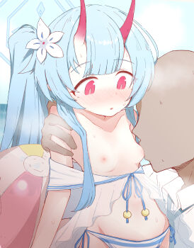 1boy 1girl ball beachball bikini blue_archive blue_hair blue_halo blush breast_sucking breasts chise_(blue_archive) chise_(swimsuit)_(blue_archive) flower hair_flower hair_ornament halo hetero highres horns loli long_hair nipples niss_oekaki official_alternate_costume red_eyes side-tie_bikini_bottom small_breasts striped_bikini striped_clothes swimsuit