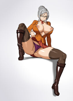 Rule 34 | 1girl, boots, breasts, choker, clothes lift, curvy, female focus, full body, glasses, grey hair, hair bun, hcitrus, highres, huge breasts, looking at viewer, nipple slip, nipples, partially visible vulva, prison school, shiraki meiko, short hair, skirt, skirt lift, solo, thick thighs, thighhighs, thighs, yellow eyes