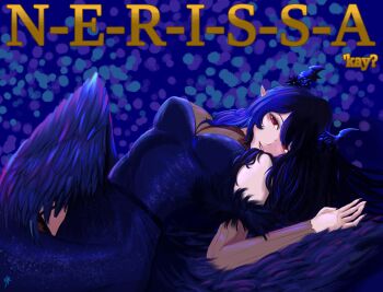 1girl alternate_costume asymmetrical_horns bare_shoulders black_hair black_horns blue_background blue_dress blue_hair blue_horns blue_wings character_name dress highres hololive hololive_english horns lying multicolored_hair nerissa_ravencroft on_back purple_eyes see-through_cleavage see-through_clothes simple_background solo two-tone_hair uneven_horns virtual_youtuber wings zuardstar