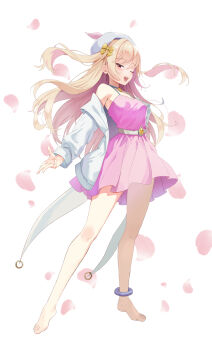 Rule 34 | 1girl, ;d, absurdres, ankle garter, barefoot, belt, beret, blonde hair, blue choker, cherry blossoms, choker, commentary, dress, falling petals, full body, gimhyeo09366967, hat, highres, jacket, jacket partially removed, long hair, long legs, long sleeves, one eye closed, open mouth, original, petals, pink dress, red eyes, short dress, sidelocks, smile, spaghetti strap, two side up, white belt, white hat, white jacket