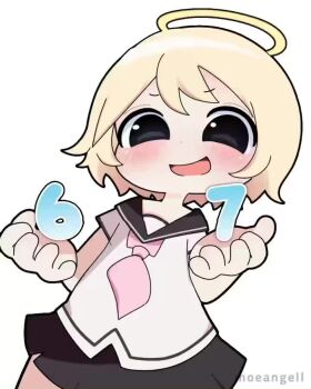1girl 67_(meme) :d angel angel_wings animated artist_name audible_music audible_speech barefoot black_eyes black_sailor_collar black_skirt blonde_hair blush chibi copyright_name cowboy_shot dress dutch_angle full_body halo hands_up holding lily_(moeangel) looking_at_viewer maki_(moeangel) medium_bangs miniskirt neckerchief necktie open_mouth original pink_neckerchief pink_necktie pleated_skirt sailor_collar sailor_dress school_uniform serafuku shirt short_hair short_sleeves simple_background skirt sleeveless sleeveless_dress smile smug solid_oval_eyes solo sound tagme v-shaped_eyebrows video white_background white_dress white_shirt white_wings wings