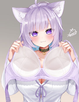 1girl ahoge animal_ear_fluff animal_ears belt_collar blue_hair blush bow bowtie bra breast_pocket breasts cat_ears choppy_bangs cleavage collar colored_inner_hair commentary_request festa11307070 grey_background holding holding_bra holding_underwear holding_unworn_clothes hololive large_breasts looking_at_viewer multicolored_hair nekomata_okayu paid_reward_available pocket presenting_bra purple_bow purple_bowtie purple_bra purple_eyes purple_hair see-through_clothes shirt short_hair signature smile solo underwear unworn_bra upper_body virtual_youtuber white_shirt