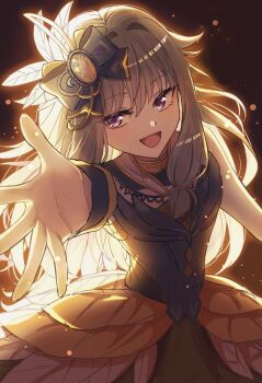 1girl :d arm_up backlighting bare_arms black_background blush bow brooch choukoku_no_protagonist_(project_sekai) commentary cowboy_shot dress feather_hair_ornament feathers gem green_hair hair_between_eyes hair_bow hair_flaps hair_intakes hair_ornament highres jewelry kusanagi_nene light_particles long_hair looking_at_viewer low-tied_sidelocks official_alternate_costume open_mouth outstretched_arm outstretched_hand project_sekai purple_eyes reaching reaching_towards_viewer sidelocks sleeveless sleeveless_dress smile solo wrist_cuffs yellow_gemstone zumi-kara-0112