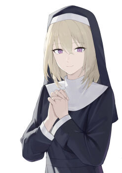 1girl absurdres bang_dream! bang_dream!_it&#039;s_mygo!!!!! black_dress blonde_hair commentary dress hair_between_eyes haizou_bingsan highres indoors long_hair medium_hair misumi_uika nun own_hands_clasped own_hands_together purple_eyes simple_background solo white_background