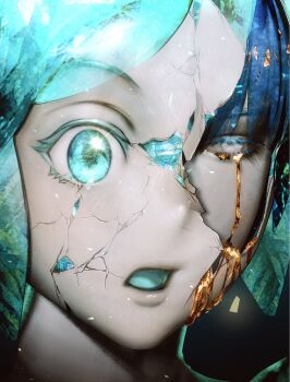 1other blue_hair broken_mask close-up colored_eyelashes colored_tongue cracked_kawaii_mask cracked_mask crystal_hair dark_background denpyu_shi gold_tears green_eyes green_hair green_tongue highres houseki_no_kuni mask masked open_mouth phosphophyllite phosphophyllite_(ll) portrait revealing_layer white_eyes