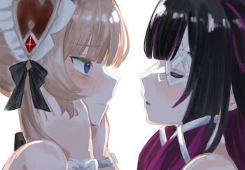 2girls bare_shoulders black_hair blue_eyes blush bonnet brown_hair closed_eyes closed_mouth columbina_(genshin_impact) commentary_request genshin_impact hands_on_another's_face highres looking_at_another multiple_girls ono_or_ohno parted_lips purple_streaks sandrone_(genshin_impact) simple_background white_background yuri