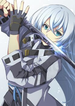 Rule 34 | 1girl, absurdres, black gloves, blue eyes, coat, commentary request, double-parted bangs, eiyuu densetsu, floating hair, gloves, hair between eyes, highres, holding, holding sword, holding weapon, katana, konohanaillust, kuro no kiseki (series), kuro no kiseki i, long hair, loose clothes, shizuna rem misurugi, simple background, sword, weapon, white coat, white hair
