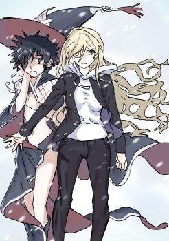 1boy 1girl a_certain_high_school_uniform absurdres black_eyes black_hair black_hat black_jacket black_pants blonde_hair breasts cape commentary cosplay costume_switch ebora english_commentary eyepatch green_eyes hair_between_eyes hat highres hood hoodie jacket kamijou_touma kamijou_touma_(cosplay) long_hair looking_at_viewer medium_breasts navel open_clothes open_jacket othinus othinus_(cosplay) outstretched_arm pants role_reversal scene_reference school_uniform simple_background snowing spiked_hair toaru_majutsu_no_index toaru_majutsu_no_index:_new_testament very_long_hair white_hoodie winter_uniform witch_hat