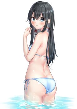 1girl ass bikini black_hair blue_bikini blue_eyes blush breasts butt_crack commentary_request cowboy_shot from_behind hair_ribbon halterneck hand_up highres long_hair looking_at_viewer looking_back lowleg lowleg_bikini meri-san pout red_ribbon ribbon shoulder_blades side-tie_bikini_bottom simple_background small_breasts solo string_bikini swimsuit v-shaped_eyebrows wading water white_background yahari_ore_no_seishun_lovecome_wa_machigatteiru. yukinoshita_yukino