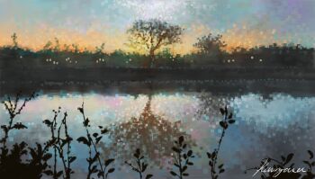 commentary_request foliage highres no_humans nzwt original outdoors reflection reflective_liquid river scenery signature sky tree twilight