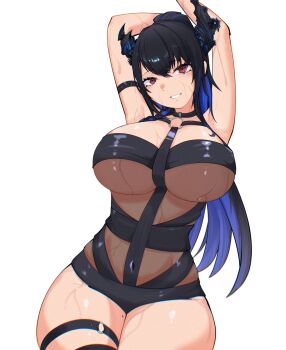absurdres arms_behind_head arms_up asymmetrical_horns black_hair black_one-piece_swimsuit blue_hair breasts colored_inner_hair commentary cowboy_shot demon_horns flower highres hololive hololive_english horn_flower horns large_breasts leather_bikini long_hair looking_at_viewer multicolored_hair nerissa_ravencroft nerissa_ravencroft_(holonatsu_paradise) one-piece_swimsuit p_protocoll red_eyes sidelocks simple_background slit_pupils smile straight_hair sweat swept_bangs swimsuit thigh_strap uneven_horns very_long_hair virtual_youtuber white_background