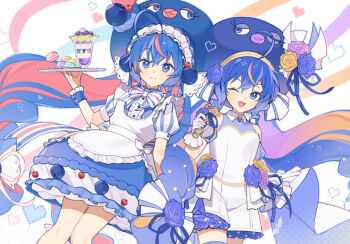2girls ;d apron bare_shoulders blue_dress blue_eyes blue_flower blue_hair blue_hat blue_ribbon blue_rose blue_skirt blueberry blueberry_hair_ornament bow bow_apron bowtie braid breasts closed_mouth clothing_cutout collared_shirt colored_inner_hair commentary_request crossed_bangs double-parted_bangs dress dual_persona dutch_angle eel_hat fang feet_out_of_frame flower food food-themed_hair_ornament frilled_apron frilled_dress frilled_gloves frilled_wristband frills fruit gloves gradient_hair hair_between_eyes hair_ornament hand_up hat hat_flower headdress heart heart_in_eye high-low_skirt holding holding_microphone holding_tray ice_cream large_hat long_hair looking_at_viewer low-braided_long_hair low-tied_long_hair low_twintails macaron maid_apron maid_headdress microphone multicolored_hair multiple_girls one_eye_closed open_mouth orange_hair otomachi_una petticoat pink_flower pink_hair pink_rose purple_hair ribbon rose shirt short_shorts shorts shoulder_cutout side-by-side side_slit simple_background skirt skirt_hold small_breasts smile standing strawberry_hair_ornament striped_bow striped_bowtie striped_clothes suiso_sn3 sundae symbol_in_eye tongue tray twintails two-sided_fabric two-sided_skirt two-tone_hair vertical-striped_clothes very_long_hair vocaloid waist_apron whipped_cream white_apron white_background white_bow white_bowtie white_gloves white_headdress white_shirt white_shorts white_skirt yellow_flower yellow_rose