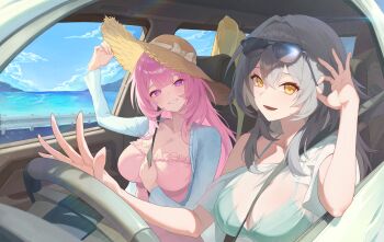 2girls absurdres alternate_breast_size_(larger) alternate_costume aqua_bikini arm_up bikini bikini_visible_through_clothes blue_sky breasts car_interior cleavage commentary cyrene_(demiurge)_(honkai:_star_rail) cyrene_(honkai:_star_rail) day diamond-shaped_pupils diamond_(shape) dress driving et0 eyewear_on_head grey_hair hair_between_eyes halterneck highres honkai:_star_rail honkai_(series) huge_breasts jacket long_hair looking_at_viewer multiple_girls open_mouth parted_lips pink_dress pink_hair purple_eyes seatbelt seatbelt_between_breasts shirt single_bare_shoulder single_off_shoulder sky smile steering_wheel stelle_(honkai:_star_rail) string_bikini sunglasses swimsuit symbol-shaped_pupils trailblazer_(honkai:_star_rail) white_jacket white_shirt yellow_eyes