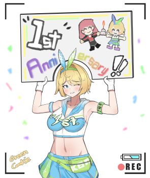 1girl absurdres adapted_costume anniversary armband armpits bare_shoulders battery_indicator blonde_hair blue_eyes blue_skirt blush bow_hairband breasts cheerleader cleavage clothes_writing collarbone commentary_request confetti cowboy_shot drawstring female_commander_(girls'_frontline) girls'_frontline girls'_frontline_2:_exilium gloves green_cookie green_hairband groin hair_between_eyes hair_intakes hair_ornament hairband highres holding hood hood_down hooded_shirt large_breasts looking_at_viewer mole mole_under_eye multicolored_hairband navel nikketa_(girls'_frontline_2) official_alternate_costume one_eye_closed recording shirt short_hair sidelocks signature simple_background skirt smile solo standing swept_bangs two-tone_hairband viewfinder vsk-94_(dance_like_the_blazing_sun)_(girls'_frontline) vsk-94_(girls'_frontline) waist_bag white_background white_gloves white_shirt
