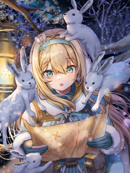 1girl bare_tree belt belt_pouch blonde_hair blue_eyes blue_gloves blue_hairband blue_jacket blue_ribbon blue_shirt collared_shirt commentary_request fur-trimmed_jacket fur_trim girls&#039;_frontline girls&#039;_frontline_2:_exilium gloves hair_intakes hair_ornament hairband highres holding holding_map jacket lamp map neck_ribbon open_mouth outdoors partially_fingerless_gloves pouch rabbit ribbon sabakuomoto shirt snow snowflake_hair_ornament snowing solo suomi_(girls&#039;_frontline) suomi_(girls&#039;_frontline_2) tree