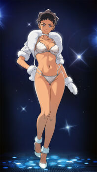 1girl absurdres blue_eyes bra breasts brown_hair choker closed_mouth coat commentary cropped_coat diantha_(pokemon) english_commentary high_heels highres looking_at_viewer medium_breasts mittens navel nintendo open_clothes open_coat panties pokemon pokemon_xy short_hair short_sleeves smile stomach underwear vivivoovoo white_bra white_choker white_coat white_mittens white_panties