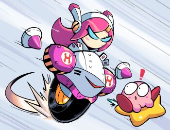 ! 1boy 1girl :o angry blue_eyes blush_stickers chasing colored_skin commentary english_commentary floating_hair gameplay_mechanics hair_ornament hairclip headgear highres kevin_arthur kirby kirby_(series) kirby_air_ride kirby_air_riders logo looking_at_another looking_back motion_lines motor_vehicle nintendo parted_bangs pink_skin rayman_limbs revenge robot simple_background speed_lines spoken_exclamation_mark straight_hair susie_(kirby) visor_cap warp_star wheelie_(kirby) white_background wide-eyed