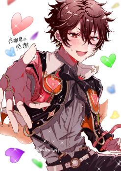 1boy belt belt_buckle black_bow black_bowtie bow bowtie brown_eyes brown_hair buckle commentary_request earrings ensemble_stars! hair_between_eyes headset heart highres jewelry layered_clothes long_sleeves looking_at_viewer male_focus morisawa_chiaki official_alternate_costume open_mouth outstretched_arm outstretched_hand ring short_hair simple_background smile solo sweat takeda_(mdca4649) teeth translation_request twitter_username white_background white_belt