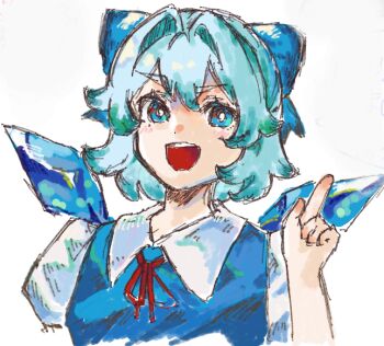 1girl blue_bow blue_eyes blue_hair blue_vest bow cirno crystal_wings hair_bow hair_intakes hand_up ice_crystal index_finger_raised neck_ribbon oftooon open_mouth puffy_short_sleeves puffy_sleeves red_ribbon ribbon shirt short_hair short_sleeves simple_background smile solo teeth touhou upper_teeth_only vest white_background white_shirt wings